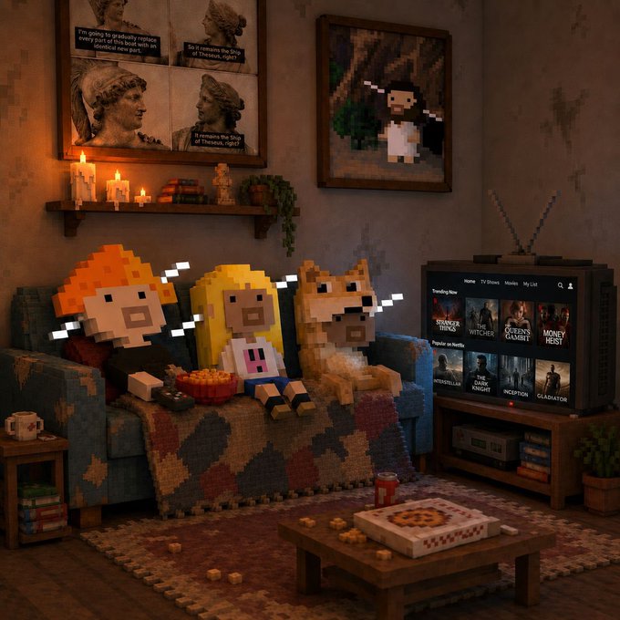 A pixel art style scene of three characters sitting on a couch watching TV, with a cat and pizza on the coffee table.