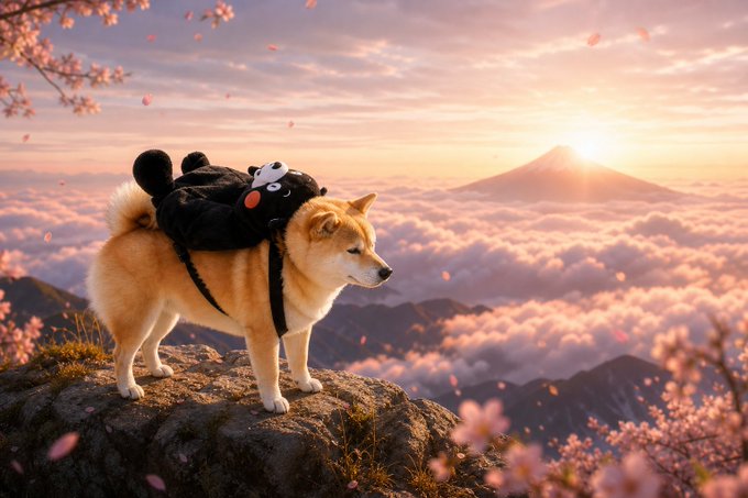 A digital artwork of a Shiba Inu dog wearing a small black backpack, standing on a rocky mountain peak overlooking a sea of clouds with Mount Fuji and a sunset in the background, framed by cherry blossoms.