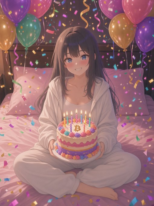 An anime-style illustration of a girl with long dark hair sitting on a bed holding a birthday cake with lit candles, surrounded by colorful balloons and confetti.