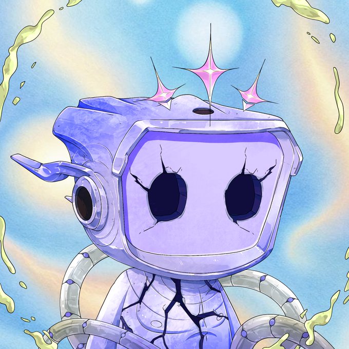 An illustrated purple robot character with a cracked visor and dark eye sockets stands against a pastel rainbow background with floating slime-like decorations.