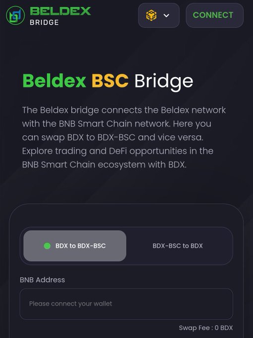 A screenshot of the 'Beldex BSC Bridge' interface showing options to swap 'BDX to BDX-BSC' or 'BDX-BSC to BDX' with a BNB address field prompting wallet connection and a swap fee of 0 BDX.