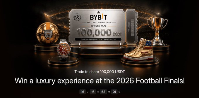 The image features an advertisement for a football event, with a focus on the Bybit platform. The main elements of the advertisement include a gold trophy, a golden soccer ball, and a gold watch. The text on the image reads "Bybit", "TRUMP", and "win luxury experience at the 2026 Football Final". The post also mentions that Bybit was early to catch Trump's attention before most major CEXs caught on.