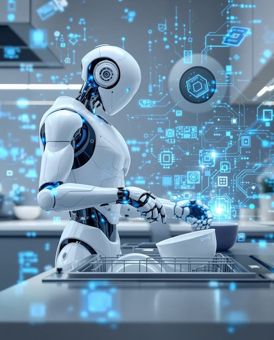 A white humanoid robot washes dishes at a sink in a futuristic kitchen surrounded by floating blue holographic icons and circuit patterns.