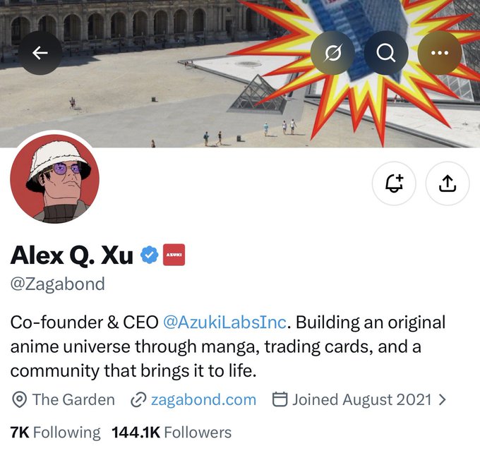 Twitter/X profile for Alex Q. Xu (@Zagabond), Co-founder & CEO of @AzukiLabsInc, with 7K Following and 144.1K Followers.