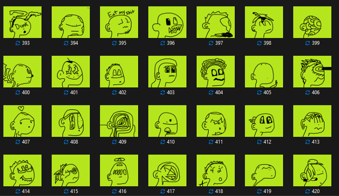 A grid of yellow square tiles numbered 393-420, each featuring a simple line-drawing of a cartoon head with various expressions and hairstyles.