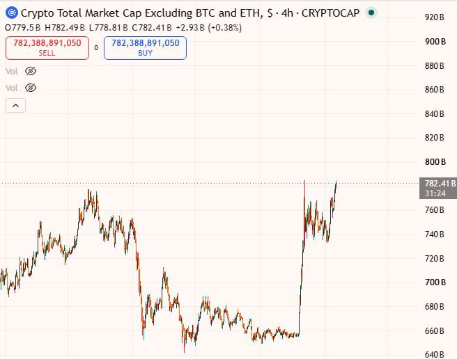 A TradingView chart showing 'Crypto Total Market Cap Excluding BTC and ETH' on a 4-hour timeframe, currently valued at $782.41B with a slight gain of +2.93B (+0.38%).