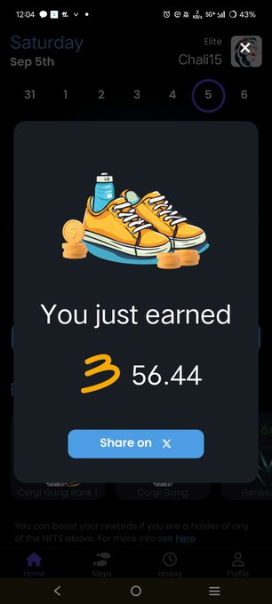 A mobile app screenshot dated Saturday, Sep 5th showing 'You just earned 3 56.44' with a sneaker and coins graphic, plus a 'Share on X' button.
