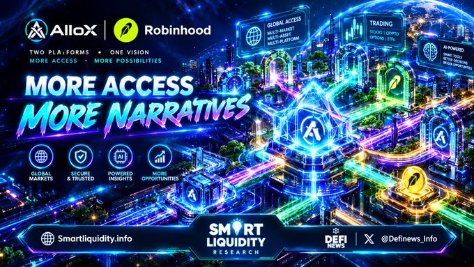 A promotional graphic for Allox and Robinhood collaboration features the tagline "Two Platforms, One Vision — More Access, More Possibilities" and "More Access, More Narratives," alongside icons highlighting global markets, secure and trusted services, AI-powered insights, and smart contract opportunities, with Smart Liquidity Research branding at the bottom.

The image visually reinforces the post's message by announcing the upcoming Allox-Robinhood integration, emphasizing expanded access to AI-driven, narrative-based portfolios through features like global markets and AI-powered insights.