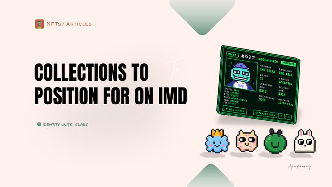 A promotional graphic titled 'COLLECTIONS TO POSITION FOR ON IMD' featuring 'NFTS / ARTICLES', 'IDENTITY UNITS, SLABS', and an image of a digital trading card for 'UNIT #087' along with pixel-art character icons at the bottom.