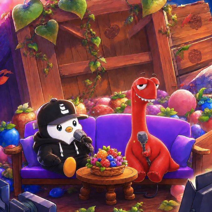 A penguin wearing a "C" cap and a red dinosaur sit on a purple couch with microphones, surrounded by berries and a fruit bowl, representing the rescheduled Claynosaurz x Legacy Web3 AMA. The cozy, fruit-filled setting ties into the playful Claynosaurz brand identity highlighted in the announcement.
