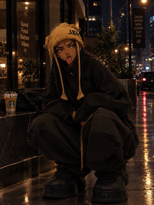 A young woman wearing a yellow beanie with 'JEN' visible, crouching on a wet city street at night next to a Starbucks coffee, with signs reading 'Good Food Better Vibes' and 'DREAM BIGGER WORK HARDER STAY REAL'.