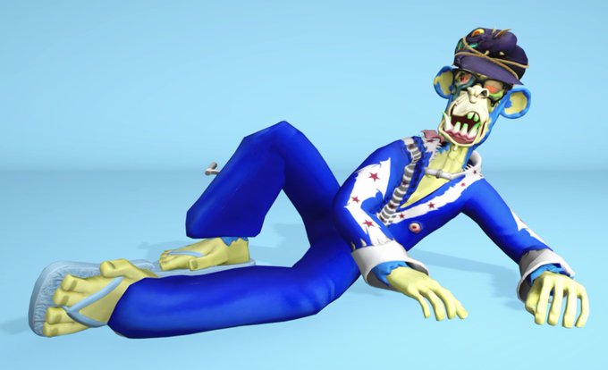 A 3D-rendered zombie character in a blue outfit with stars and a small hat sits slumped on the ground with glowing red eyes.