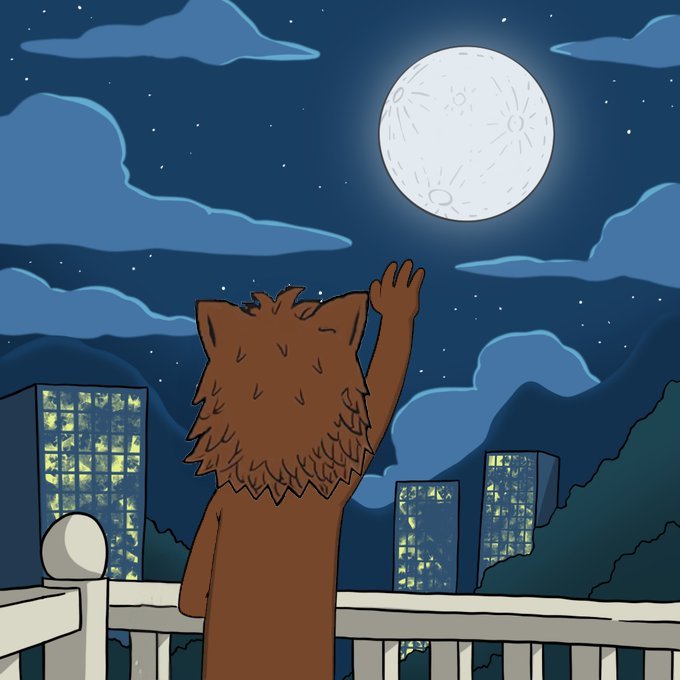A cartoon illustration of a brown furry character viewed from behind, waving at a large full moon in a starry night sky above a cityscape with lit buildings.