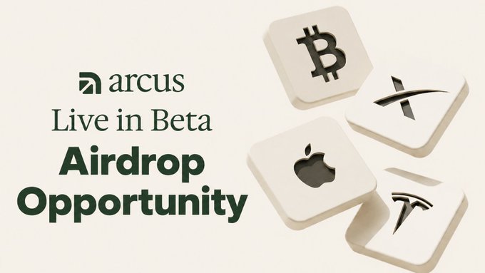 A promotional graphic for 'arcus' announces 'Live in Beta' and 'Airdrop Opportunity' alongside tiles bearing logos for Bitcoin, XRP, Apple, and Tesla.