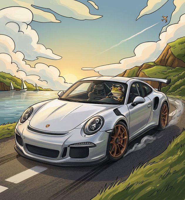 An illustrated scene shows a white Porsche sports car with a frog driver wearing headphones, speeding along a coastal road with sailboats and an airplane in the sky.