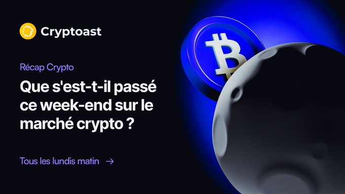 The image is a Cryptoast "Récap Crypto" promotional graphic featuring a Bitcoin logo on a blue coin beside a dark sphere, with French text reading "Que s'est-t-il passé ce week-end sur le marché crypto ?" ("What happened this weekend in the crypto market?") and noting the recap is published every Monday morning. The Bitcoin imagery ties directly to the post's weekend crypto market recap, highlighting Bitcoin-related news including the Coldcard wallet BTC theft revaluation from $40M to $70M.