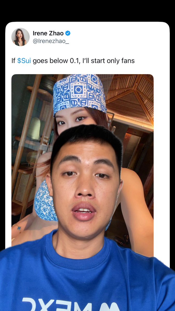 The image shows a social media post featuring a young man wearing a blue shirt with the word "dream" written across it, as well as an overlay of someone's photo of another person wearing a blue hat. The title of the post reads "$SUI chắc chắn sẽ giảm về $0,1 nhé ae, uy tín @Irenezhao".
