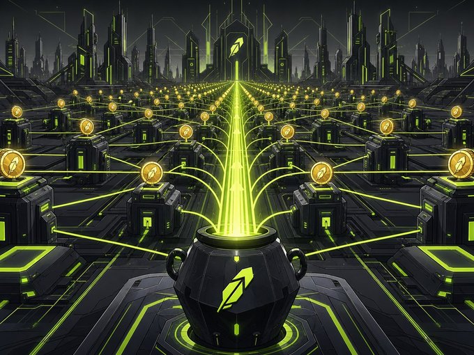 A futuristic cyberpunk illustration showing a glowing green cauldron/distribution pot emitting energy beams connected to a grid of server-like structures marked with coin icons.