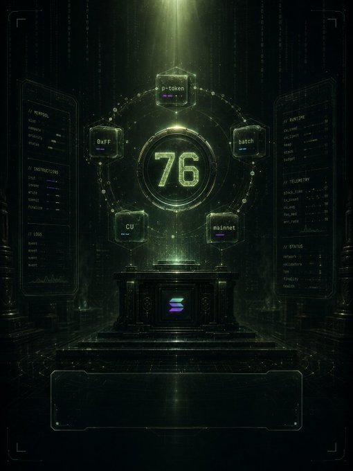 The image features a digital art piece that depicts a black stone structure with a circular design, surrounded by six glowing green spheres. The number "76" is prominently displayed within this structure. The background of the artwork is dark and filled with various symbols and icons related to the cryptocurrency world. The post appears to be about a specific cryptocurrency called "Solana", which has been turned into a collectible folklore item. It is described as a "Memecoin For People Who Read The Source".