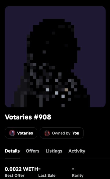 A dark NFT profile page shows a pixelated gorilla-like image with the text “Votaries #908,” “Owned by You,” and “0.0022 WETH.”