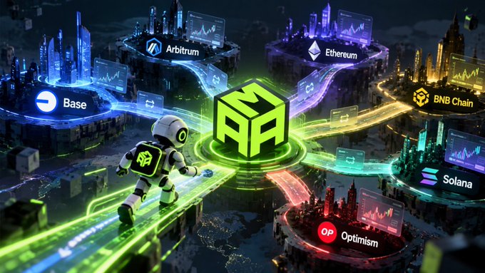 A futuristic graphic depicts a central green cube connected by glowing streams to various blockchain platforms including Arbitrum, Ethereum, BNB Chain, Solana, Optimism, and Base.
