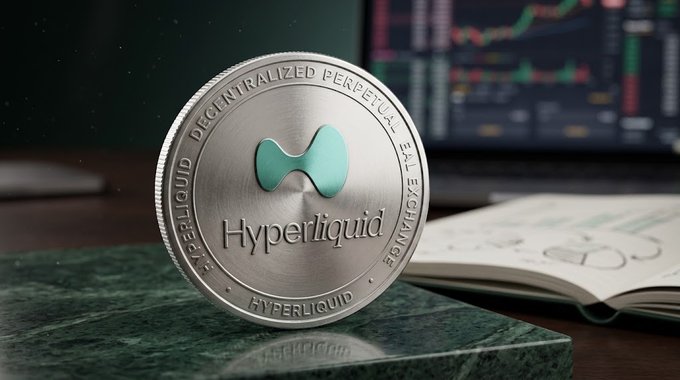 A silver coin displaying the "Hyperliquid" logo, inscribed "HYPERLIQUID · DECENTRALIZED PERPETUAL · EZL EXCHANGE," sitting on a green marble surface with a trading chart visible in the background.