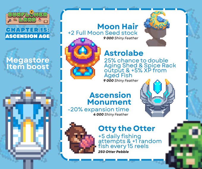An infographic for the mobile game 'Sunflower Land' detailing Chapter 15: Ascension Age megastore items, including Moon Hair, Astrolabe, Ascension Monument, and Otty the Otter with their respective costs in Shiny Feathers or Otter Pebbles.