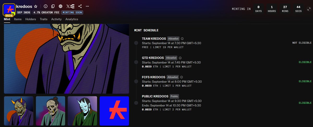 The image shows the Kredoos NFT mint schedule page with "MINTING SOON" status, displaying four mint phases (Team, GTD, FCFS, and Public) starting September 14 at 0.0039 ETH, with a countdown of 1 day, 27 hours remaining and a 4.7% creator fee. The user is preparing to max mint from the Kredoos collection, as indicated by their readiness for the upcoming mint event.