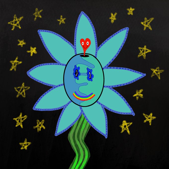 A whimsical, hand-drawn illustration of a blue flower with a smiling face and a small red heart character on top, surrounded by yellow stars against a black background.