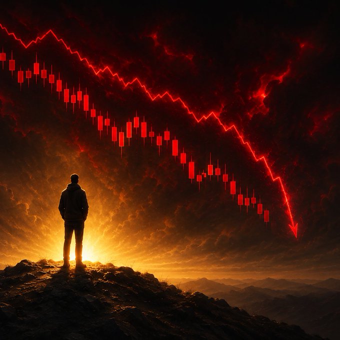 A lone figure stands silhouetted on a rocky ridge against a fiery, apocalyptic sky, while a massive red candlestick chart plunges downward in a stark arrow, visualizing the crypto market crash described in the post about Bitcoin's dip and the importance of being prepared to buy the dip.