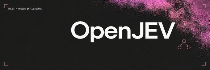 The image is a banner featuring the text "OpenJEV" in large white letters against a dark background with a pink powder/cloud burst effect, labeled "03.05 / PUBLIC INTELLIGENCE" in the top-left corner, visually introducing the launch of OpenJEV's public API access as described in the post.