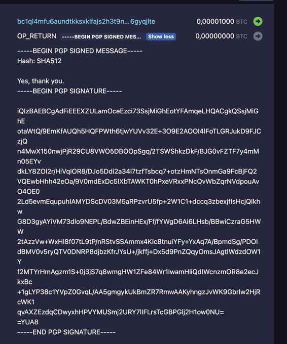 A Bitcoin blockchain transaction showing an OP_RETURN message containing a PGP signed message with hash SHA512 and a signature that reads 'Yes, thank you.'