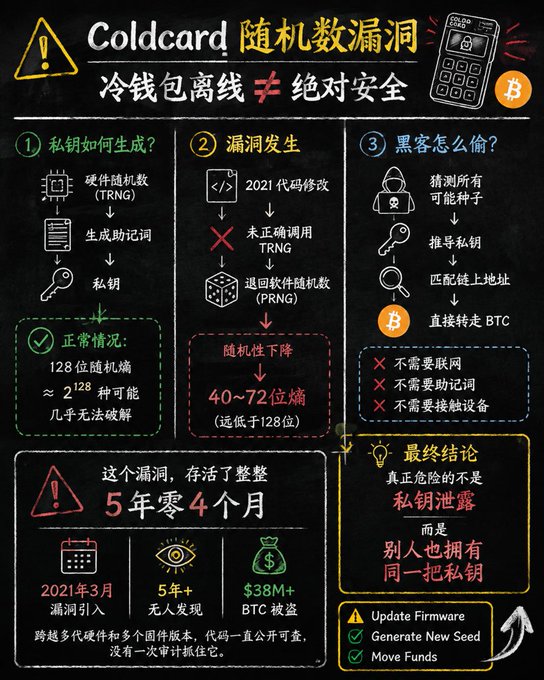 The image is a Chinese-language infographic detailing a Coldcard hardware wallet vulnerability affecting its random number generation (TRNG), where a 2021 code change caused the wallet to fall back to software random number generation (PRNG), reducing entropy to just 40-72 bits—exploitable by hackers who could guess seeds and drain BTC without internet or physical access. The graphic notes this flaw persisted for 5 years and 4 months across multiple firmware versions, resulting in over $38 million in stolen Bitcoin, tying directly to the post's story about waking up to find 1.6 million RMB in BTC vanished from an offline cold wallet with no leaked mnemonic.