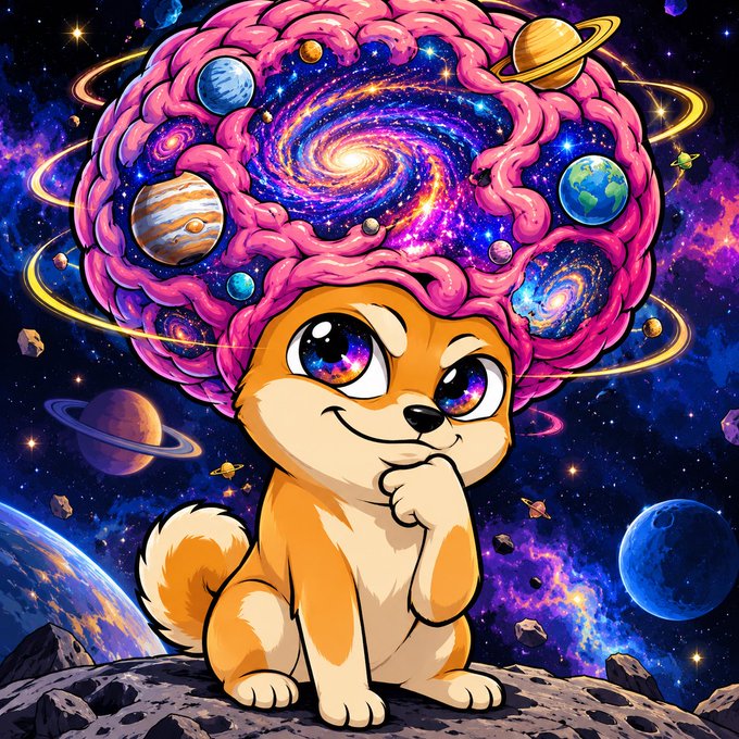 A stylized illustration features a cute cartoon dog with a large, swirling pink brain filled with planets, sitting on a rocky landscape beneath a cosmic background.