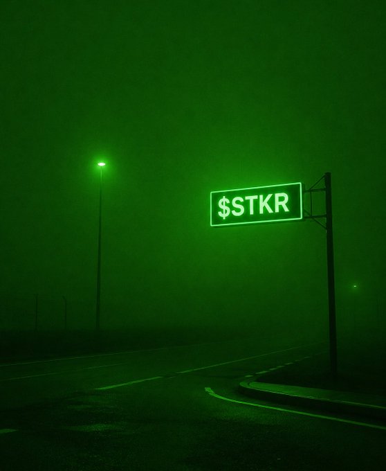 A foggy night scene features a glowing green neon sign reading "$STKR" mounted on a pole next to a street, with a streetlight in the background.