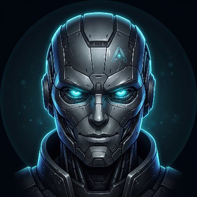 A digital illustration of a futuristic, armored figure or robot with glowing blue eyes set against a dark background.