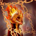 A demonic, flame-wrapped goat figure bound in chains, resembling a horned idol or ritualistic totem, presented as "proof of creation" for the GoatsOfSolana collection.