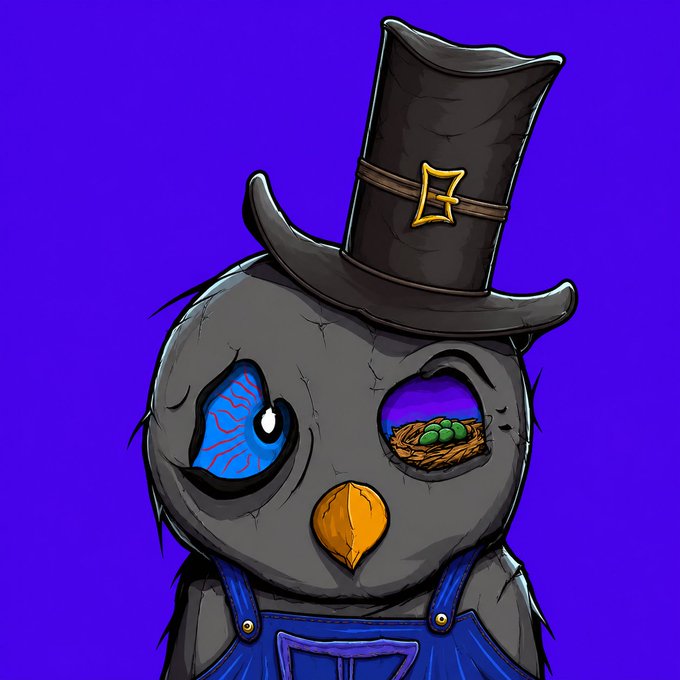 A cartoon illustration of a black bird character wearing a black top hat with a yellow logo and blue overalls, with one eye reflecting a nest of eggs and the other a brain-like pattern.