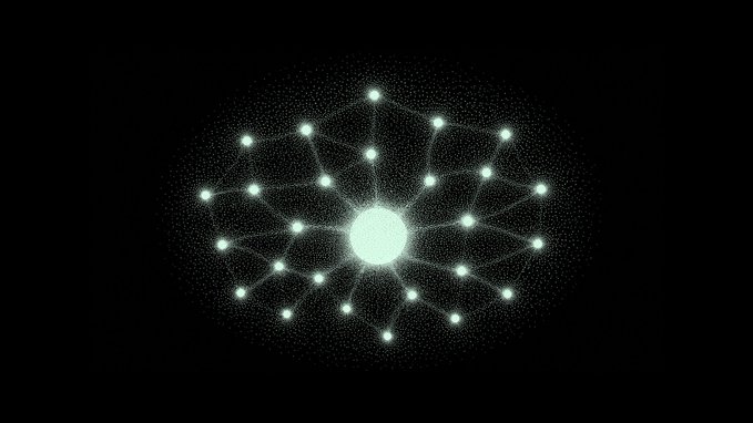A digital graphic depicts a glowing central node connected by lines to multiple smaller nodes, forming a network or constellation pattern against a black background.