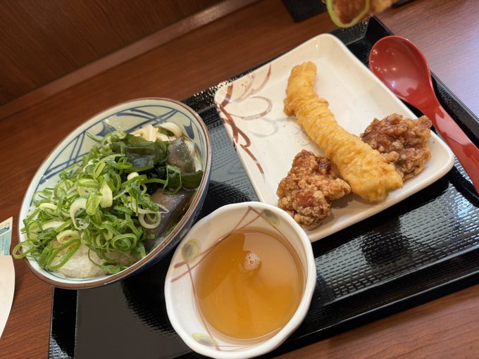A traditional Japanese set meal featuring a bowl of rice topped with green onions and simmered vegetables, accompanied by fried chicken, tempura, and a bowl of miso soup, all served on a black tray with a red spoon. The post's phrase "どうしたんや、話聞こか？" (roughly "What's wrong, can you hear me?") humorously suggests the diner is too absorbed in enjoying this hearty meal to respond.