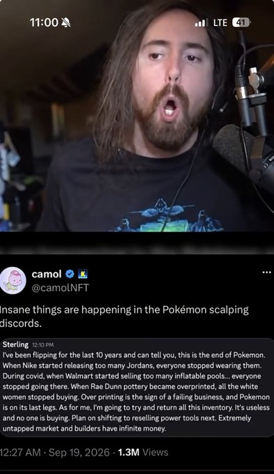 A screenshot of a tweet from @camoLNFT discussing the end of Pokemon and the scalping market, featuring an image of a man with long hair speaking into a microphone.