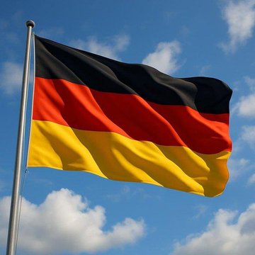 The image shows the German flag waving against a blue sky with white clouds. The accompanying post relates to this image as it announces Germany's plan to impose a 25% tax on cryptocurrency gains starting in 2027, with the German flag symbolizing the nation implementing this new tax policy.