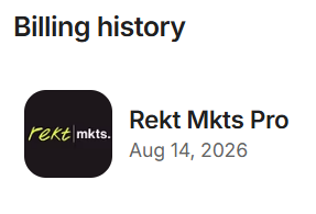 A Google Play Store billing history screenshot showing a purchase of "Rekt Mkts Pro" on Aug 14, 2026.