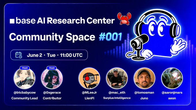 The image features a poster for an event hosted by the Base AI Research Center, specifically focusing on "Community Space" with a cartoon crab as the central figure. The poster includes information about the event's host, time, location, and the names of some of the speakers or project leaders involved in the development of the Community Space.