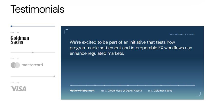 A testimonials webpage showing logos for Goldman Sachs, Mastercard, and Visa, with a featured quote from Matthew McDermott, Global Head of Digital Assets at Goldman Sachs, about programmable settlement and FX workflows.