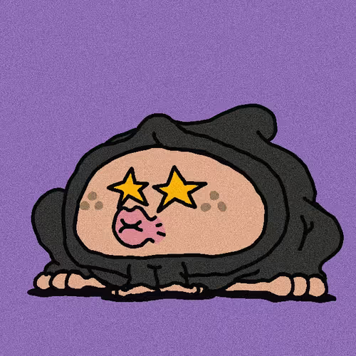 A cartoon illustration of a figure wearing a black hooded cloak with star-shaped eyes and a puckered pink mouth, set against a purple background.