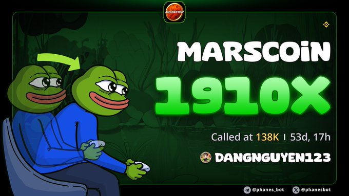 A promotional graphic for 'MARSCOIN' showing a '1910x' multiplier with text 'Called at 138K | 53d, 17h' and username 'DANGNGUYEN123', featuring cartoon Pepe the Frog characters on a green background with @phanes.bot handles at the bottom.