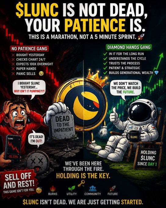 A $LUNC cryptocurrency motivational poster contrasts the 'NO PATIENCE GANG' (panicked sellers) with the 'DIAMOND HANDS GANG' (long-term holders), declaring '$LUNC IS NOT DEAD, YOUR PATIENCE IS' and 'HOLDING IS THE KEY'.