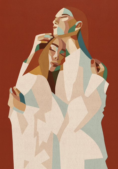 An abstract, cubist-style digital illustration of a figure draped in a white cloth, with two overlapping faces rendered in muted tones against a brown background.