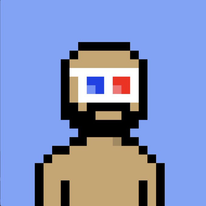 A pixel art illustration of a hooded figure wearing a tan mask with one blue and one red 3D glasses lens, set against a light blue background.